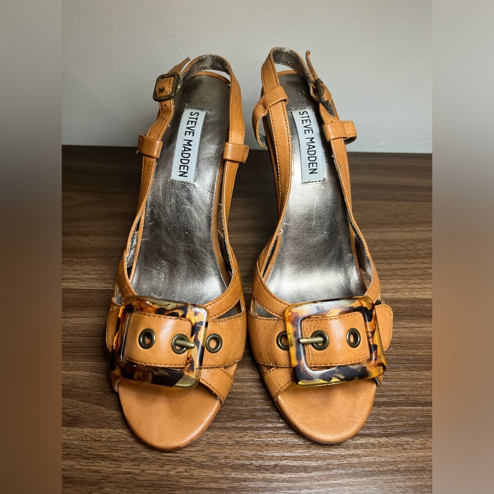 Steve Madden Y2K Annetta Strap Tan Brown Leather Sandals Heels, Buckle Size 7.5